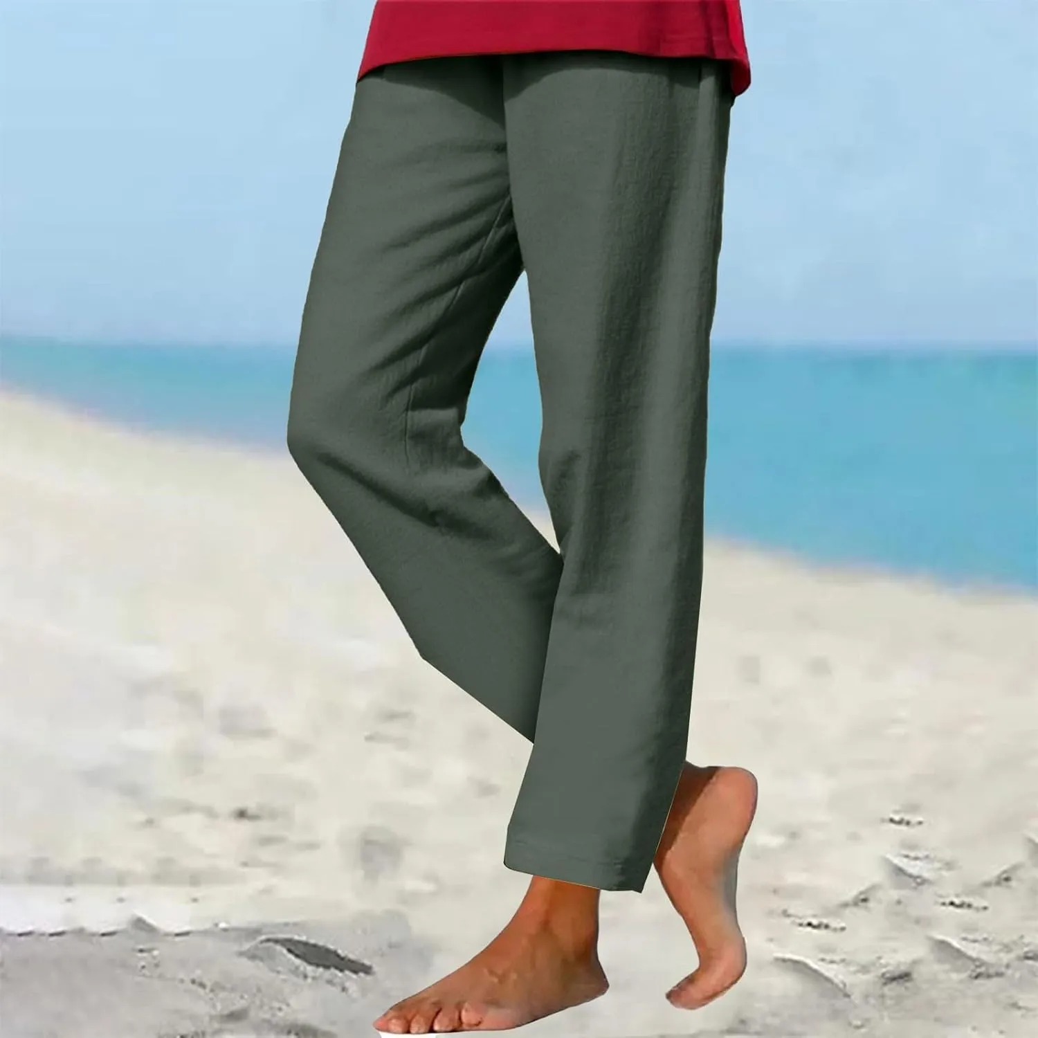 Linen Pants for Women 2025 Summer Casual Straight Loose High Waisted Drawstring Elastic Pant Daily Beach Trouser