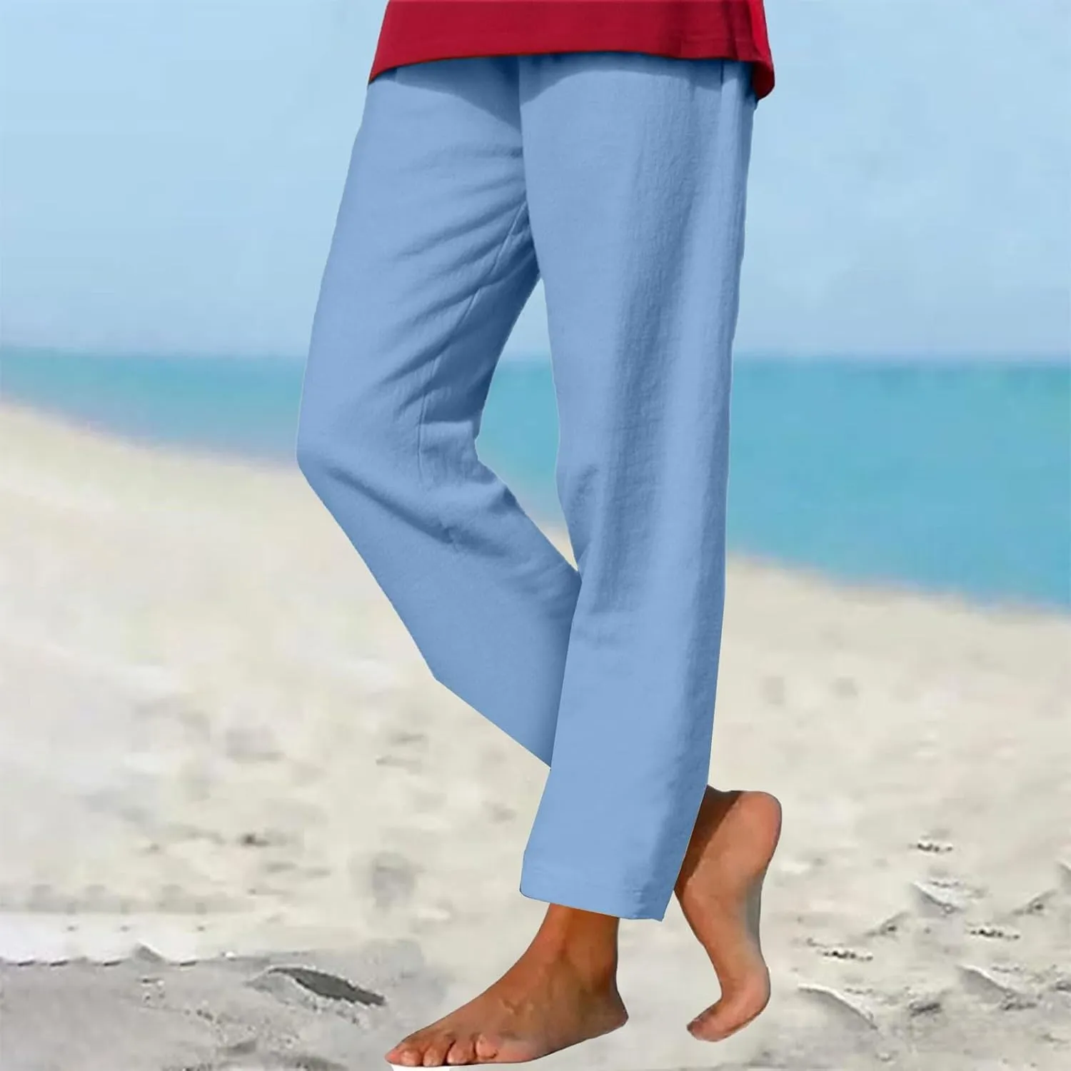 Linen Pants for Women 2025 Summer Casual Straight Loose High Waisted Drawstring Elastic Pant Daily Beach Trouser