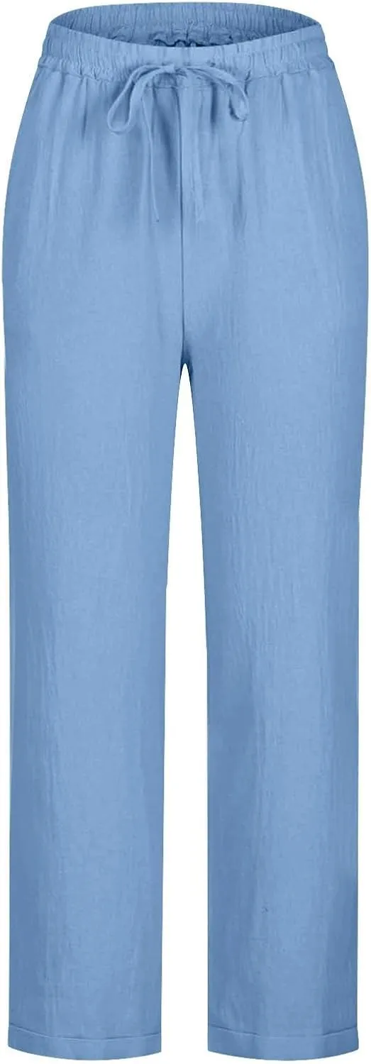 Linen Pants for Women 2025 Summer Casual Straight Loose High Waisted Drawstring Elastic Pant Daily Beach Trouser
