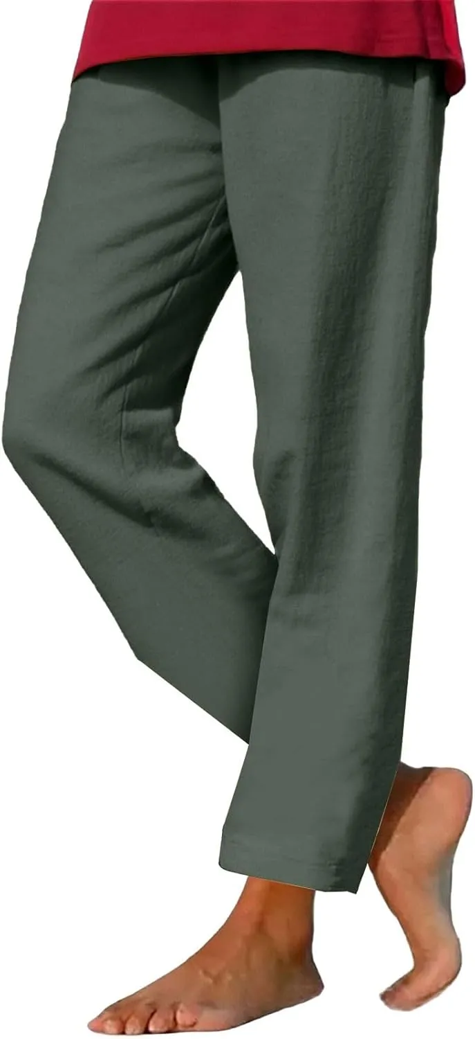 Linen Pants for Women 2025 Summer Casual Straight Loose High Waisted Drawstring Elastic Pant Daily Beach Trouser