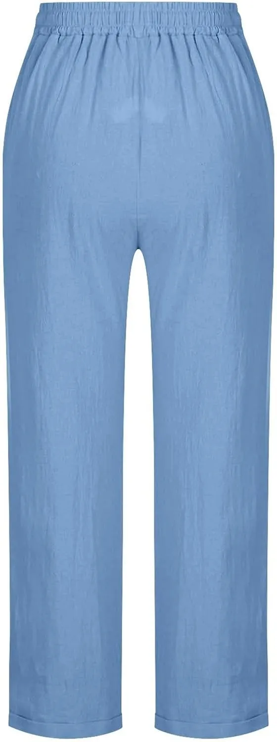 Linen Pants for Women 2025 Summer Casual Straight Loose High Waisted Drawstring Elastic Pant Daily Beach Trouser