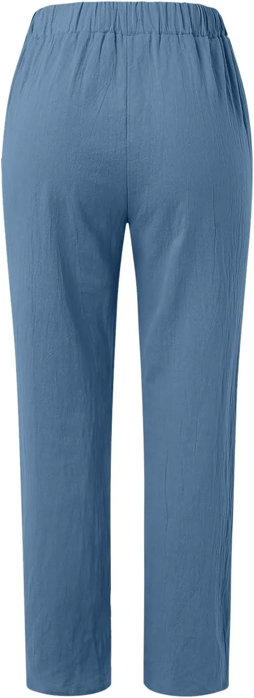Linen Pants Women Summer Leg Pants Fashion Drawstring Elastic Trousers Comfy Straight Leg Long Pants with Pockets