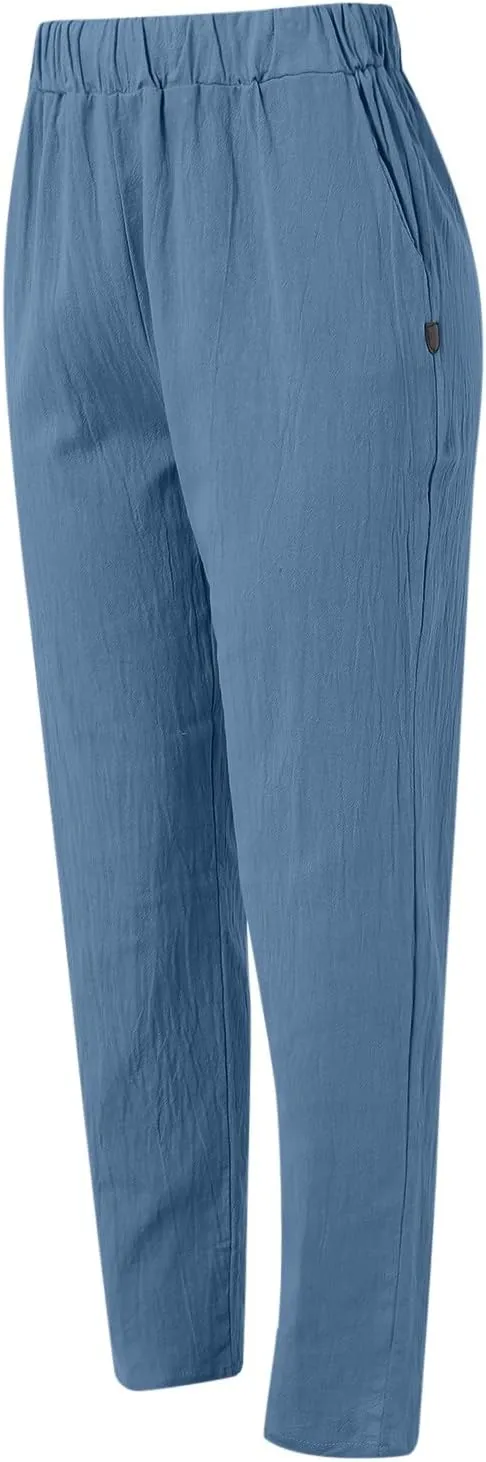 Linen Pants Women Summer Leg Pants Fashion Drawstring Elastic Trousers Comfy Straight Leg Long Pants with Pockets