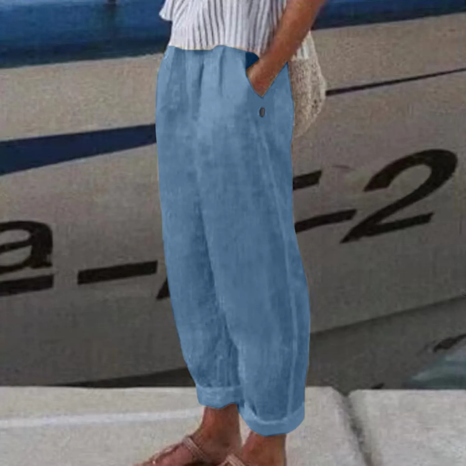 Linen Pants Women Summer Leg Pants Fashion Drawstring Elastic Trousers Comfy Straight Leg Long Pants with Pockets