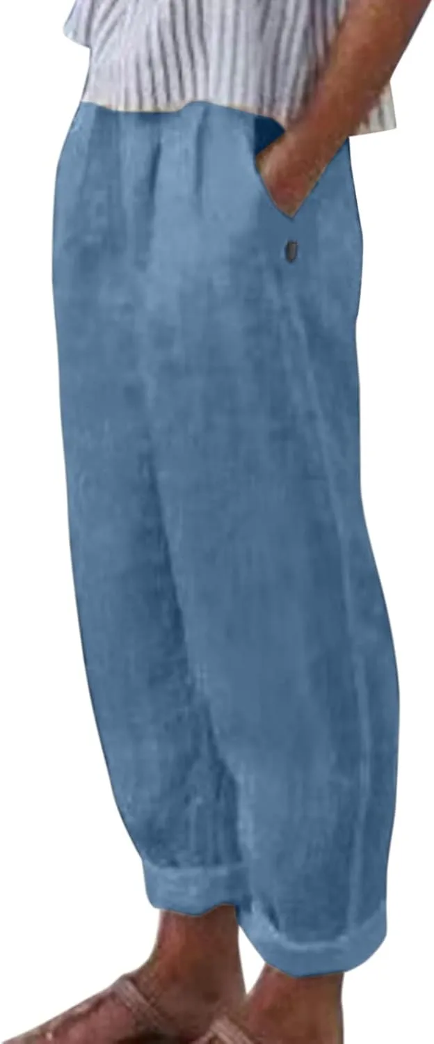 Linen Pants Women Summer Leg Pants Fashion Drawstring Elastic Trousers Comfy Straight Leg Long Pants with Pockets