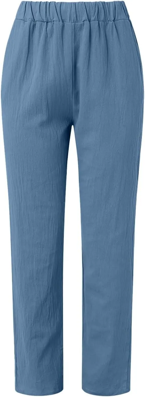 Linen Pants Women Summer Leg Pants Fashion Drawstring Elastic Trousers Comfy Straight Leg Long Pants with Pockets