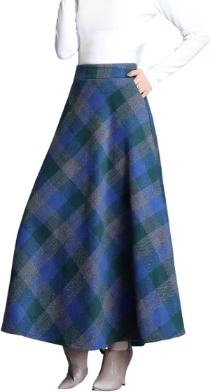 Long Plaid Skirt for Womens High Waist Wool Winter Fall Warm Flared Pleated Tartan A-Line Skirts