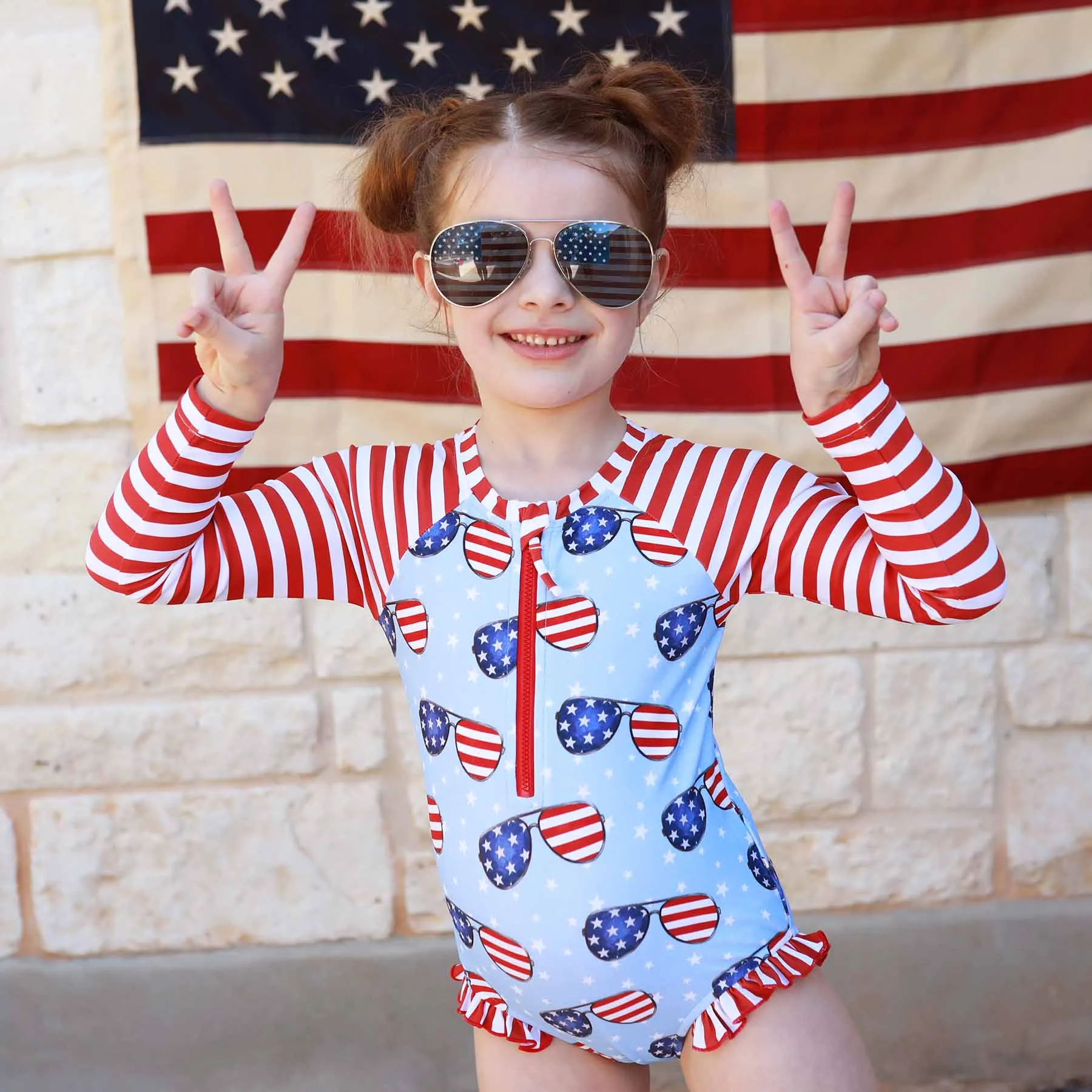 Long Sleeve Rash Guard with Front Zipper | Patriotic Summer
