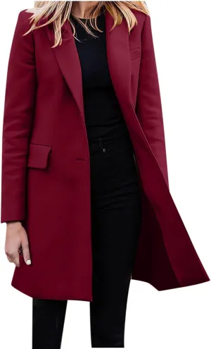 Long Trench Coat for Women Soft Wool Lapel Double Breasted Pea Coat Casual Business Solid Outwear Winter Fall Essentials
