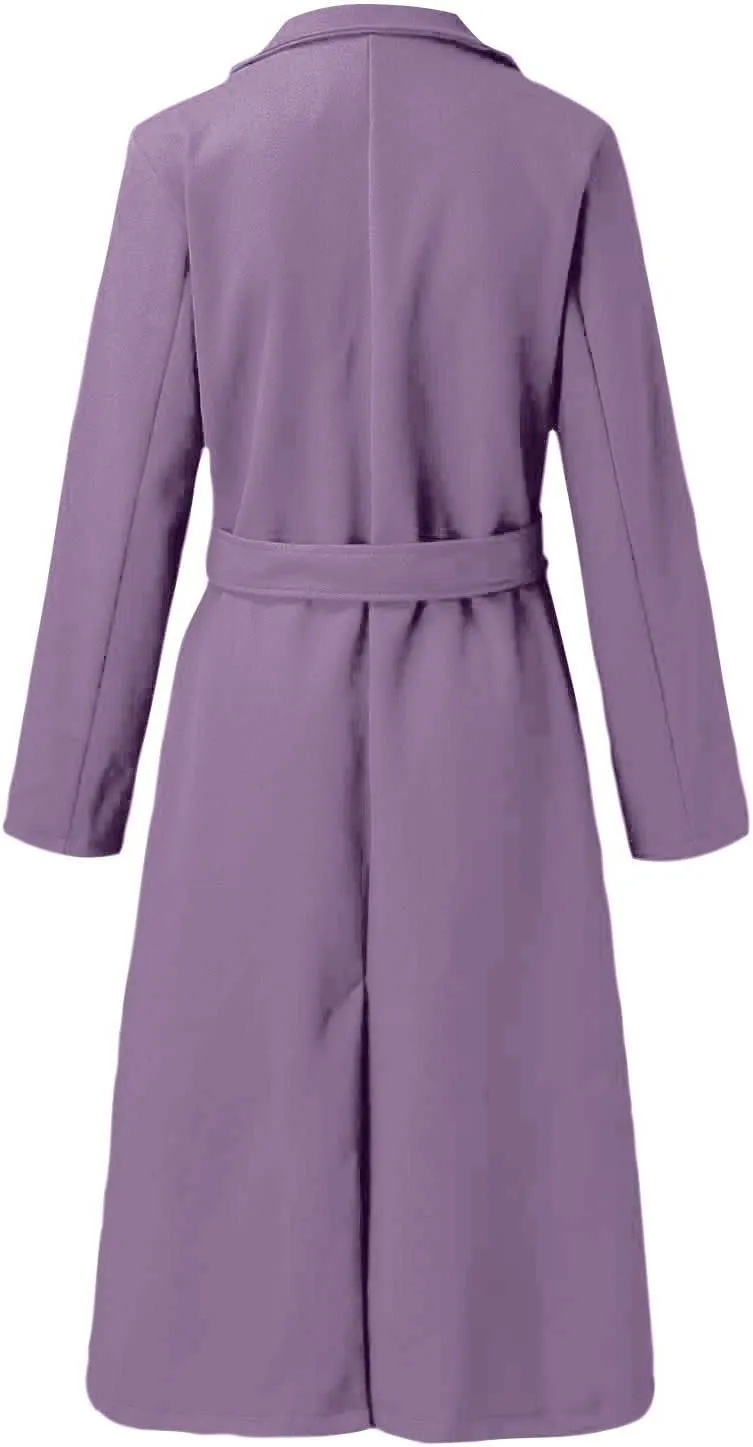 Long Trench Coats For Women Fashion Faux Wool Coat Blouse Thin Solid Jacket Ladies Notch Lapel Overcoat With Belt