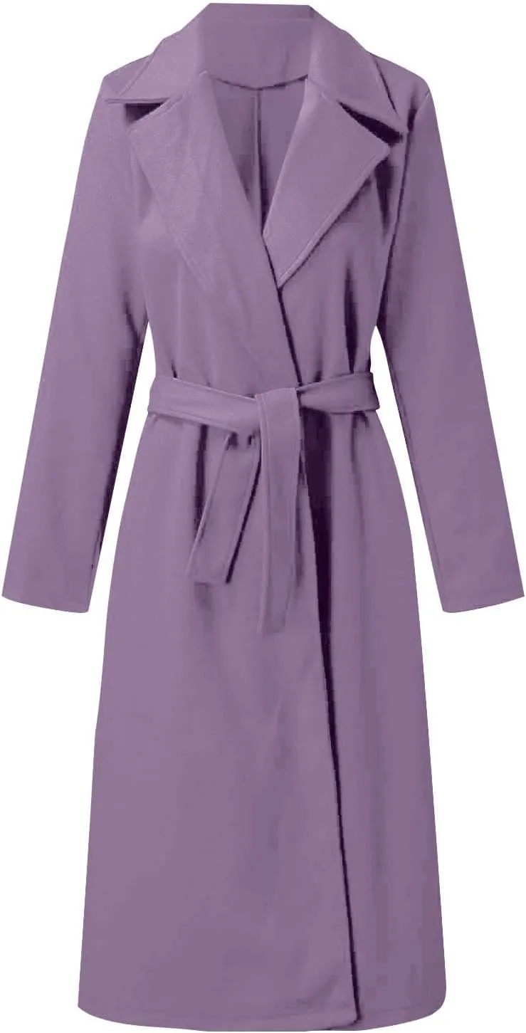 Long Trench Coats For Women Fashion Faux Wool Coat Blouse Thin Solid Jacket Ladies Notch Lapel Overcoat With Belt