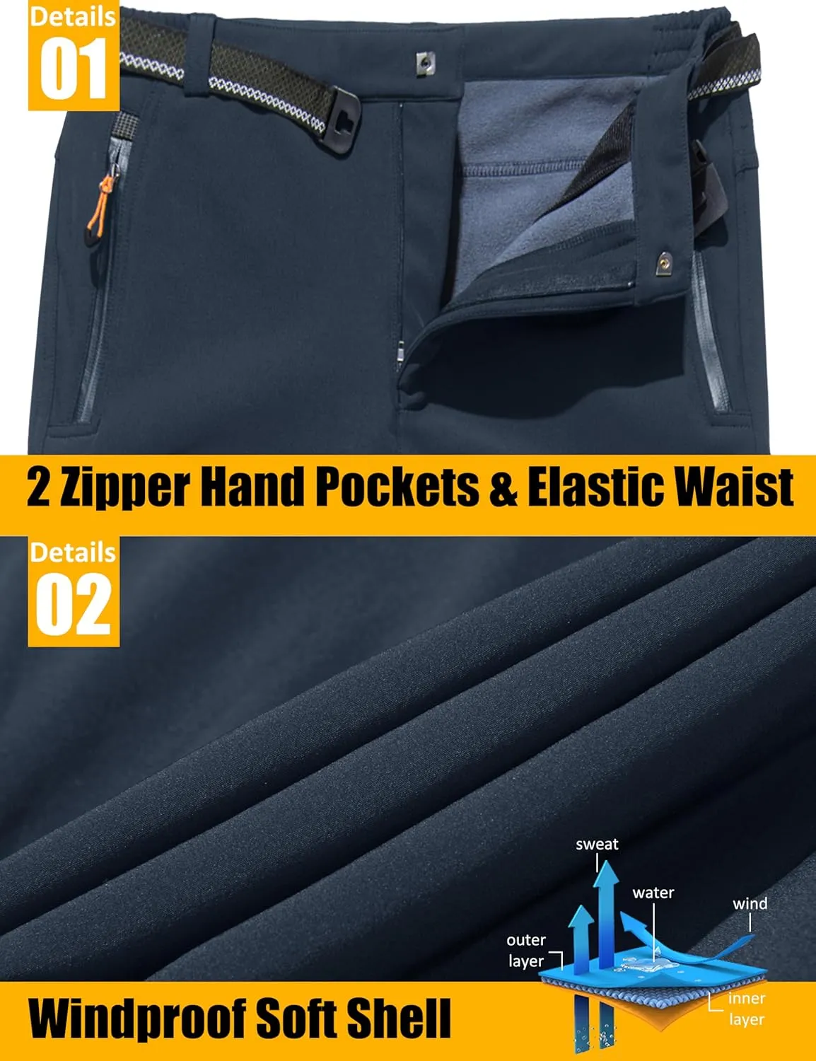 MAGCOMSEN Men's Winter Pants Fleece Lined Ski Snow Pants Water Resistant 4 Zip Pockets Outdoor Pants