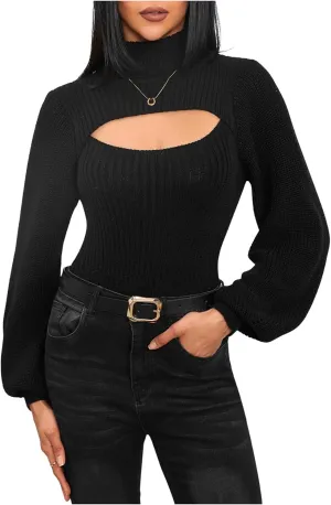 MakeMeChic Women's Turtleneck Cut Out Sweater Slim Fit Rib Knit Bishop Long Sleeve Tops Pullover Sweaters