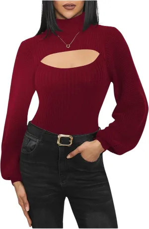 MakeMeChic Women's Turtleneck Cut Out Sweater Slim Fit Rib Knit Bishop Long Sleeve Tops Pullover Sweaters