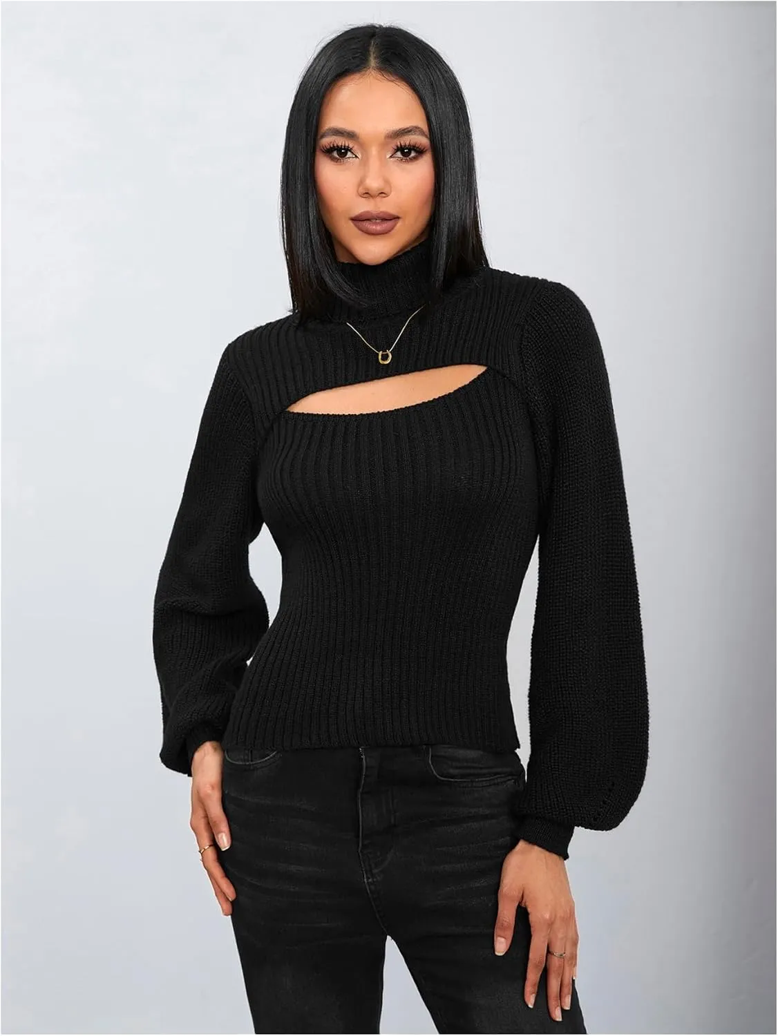 MakeMeChic Women's Turtleneck Cut Out Sweater Slim Fit Rib Knit Bishop Long Sleeve Tops Pullover Sweaters
