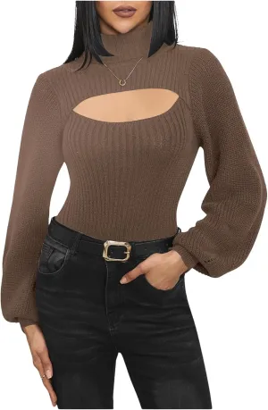 MakeMeChic Women's Turtleneck Cut Out Sweater Slim Fit Rib Knit Bishop Long Sleeve Tops Pullover Sweaters