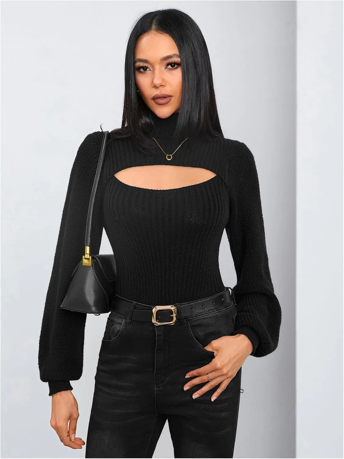 MakeMeChic Women's Turtleneck Cut Out Sweater Slim Fit Rib Knit Bishop Long Sleeve Tops Pullover Sweaters