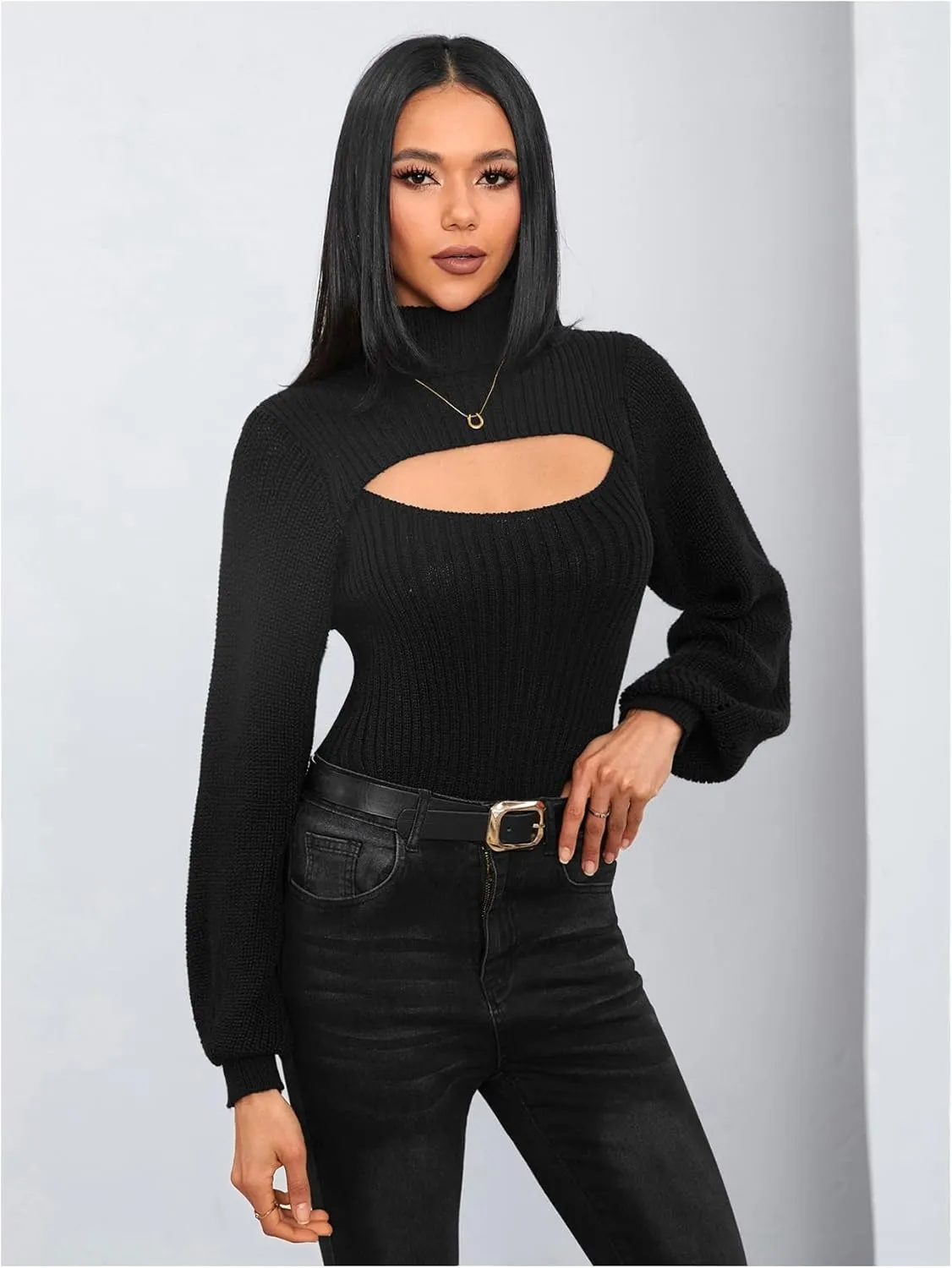 MakeMeChic Women's Turtleneck Cut Out Sweater Slim Fit Rib Knit Bishop Long Sleeve Tops Pullover Sweaters