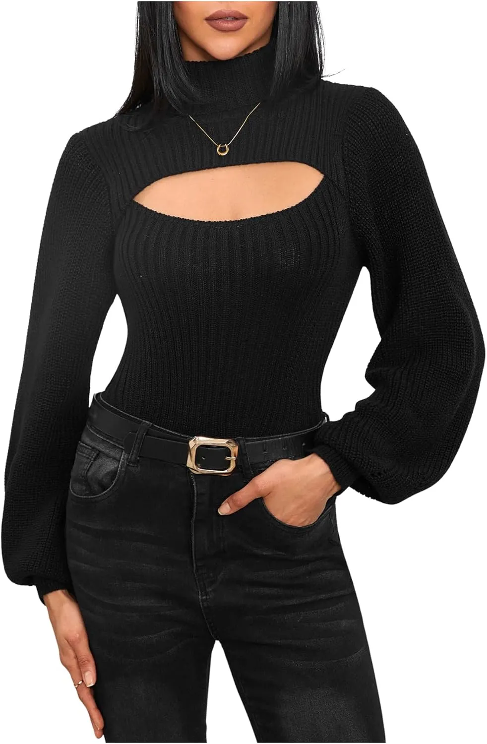MakeMeChic Women's Turtleneck Cut Out Sweater Slim Fit Rib Knit Bishop Long Sleeve Tops Pullover Sweaters