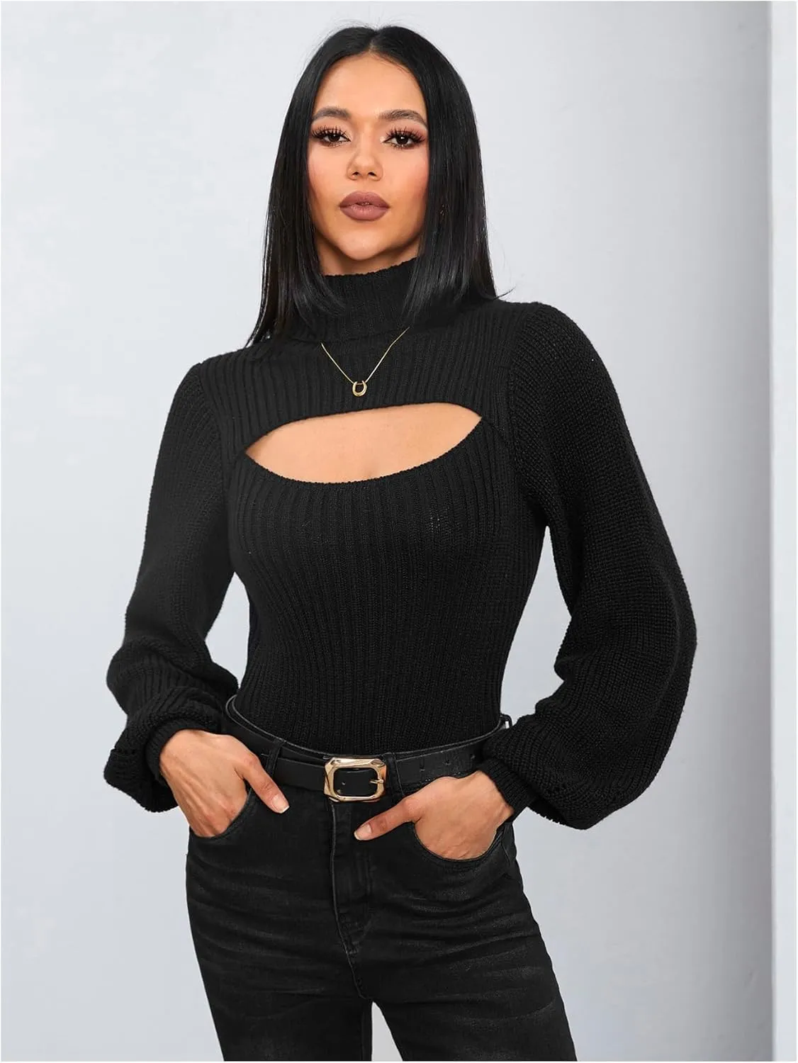 MakeMeChic Women's Turtleneck Cut Out Sweater Slim Fit Rib Knit Bishop Long Sleeve Tops Pullover Sweaters