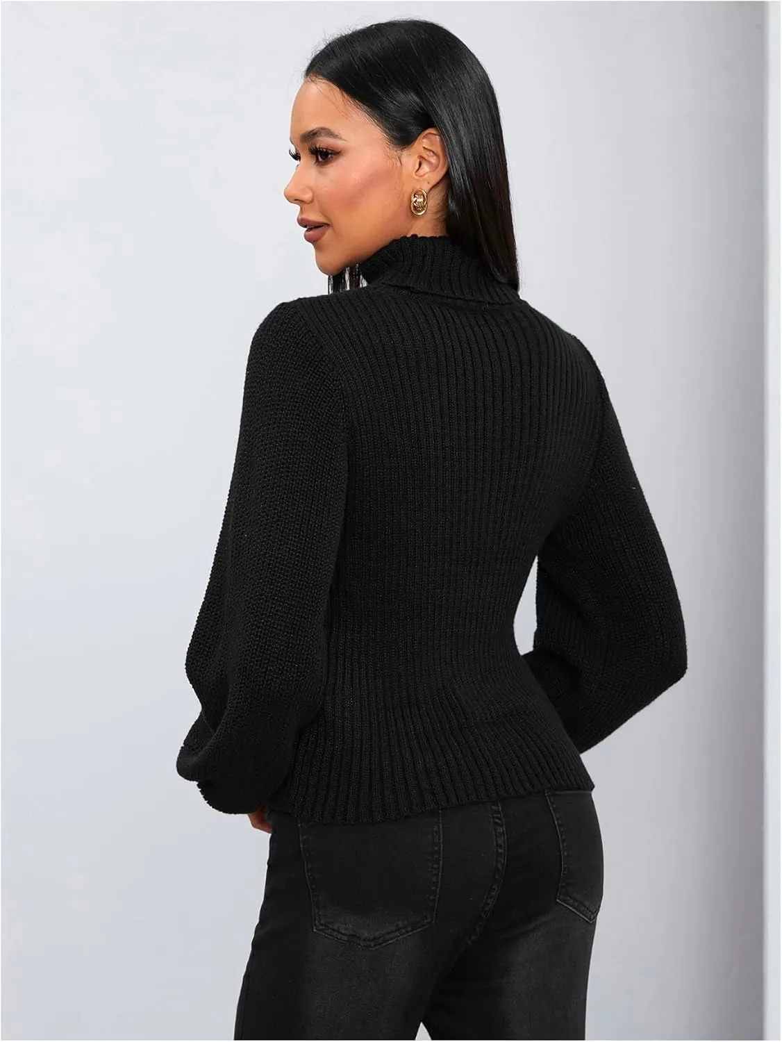 MakeMeChic Women's Turtleneck Cut Out Sweater Slim Fit Rib Knit Bishop Long Sleeve Tops Pullover Sweaters
