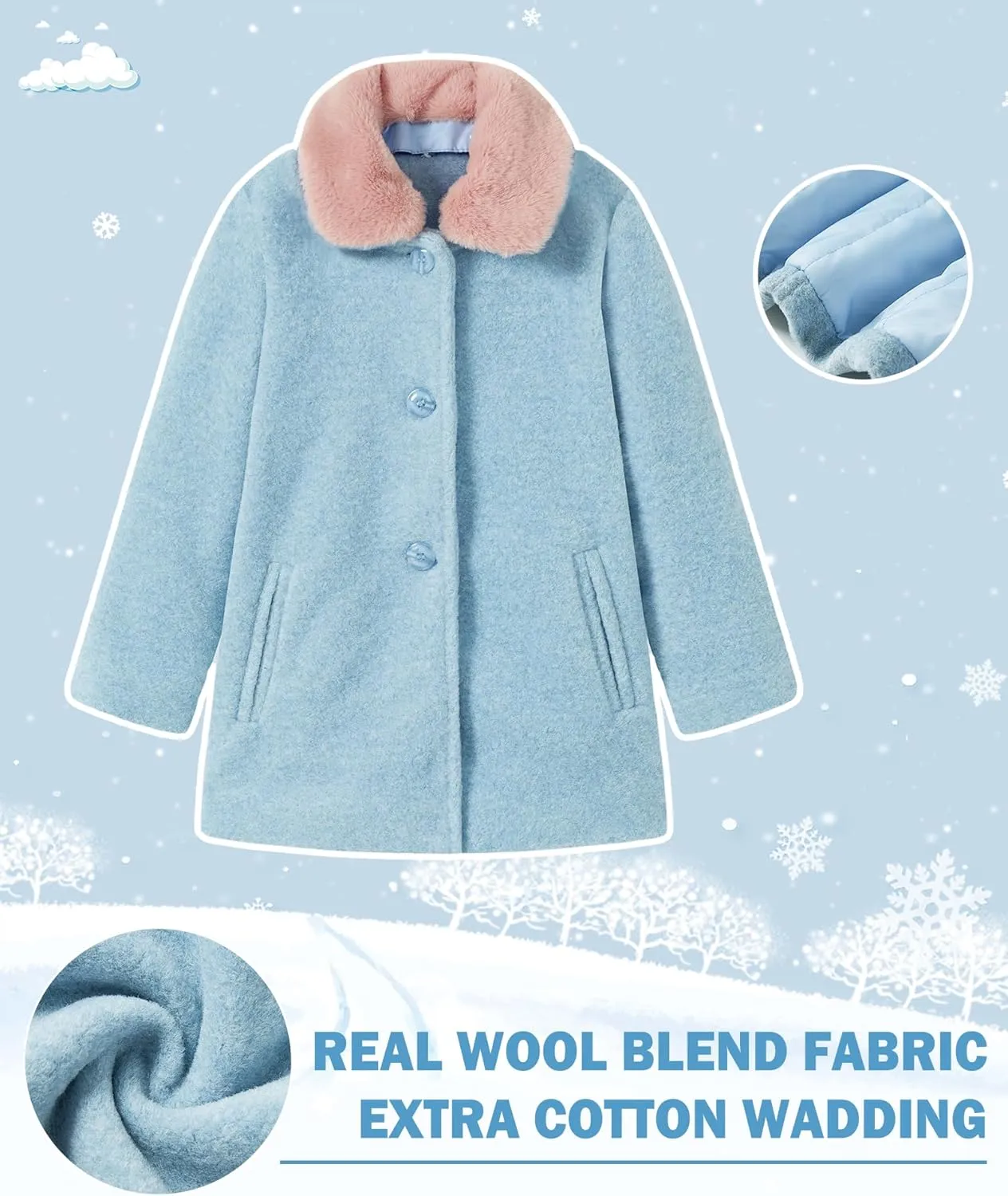 maoo garden Girls Winter Wool Peacoat Little Girls Fur Collar Dress Coat Quilted Jacket