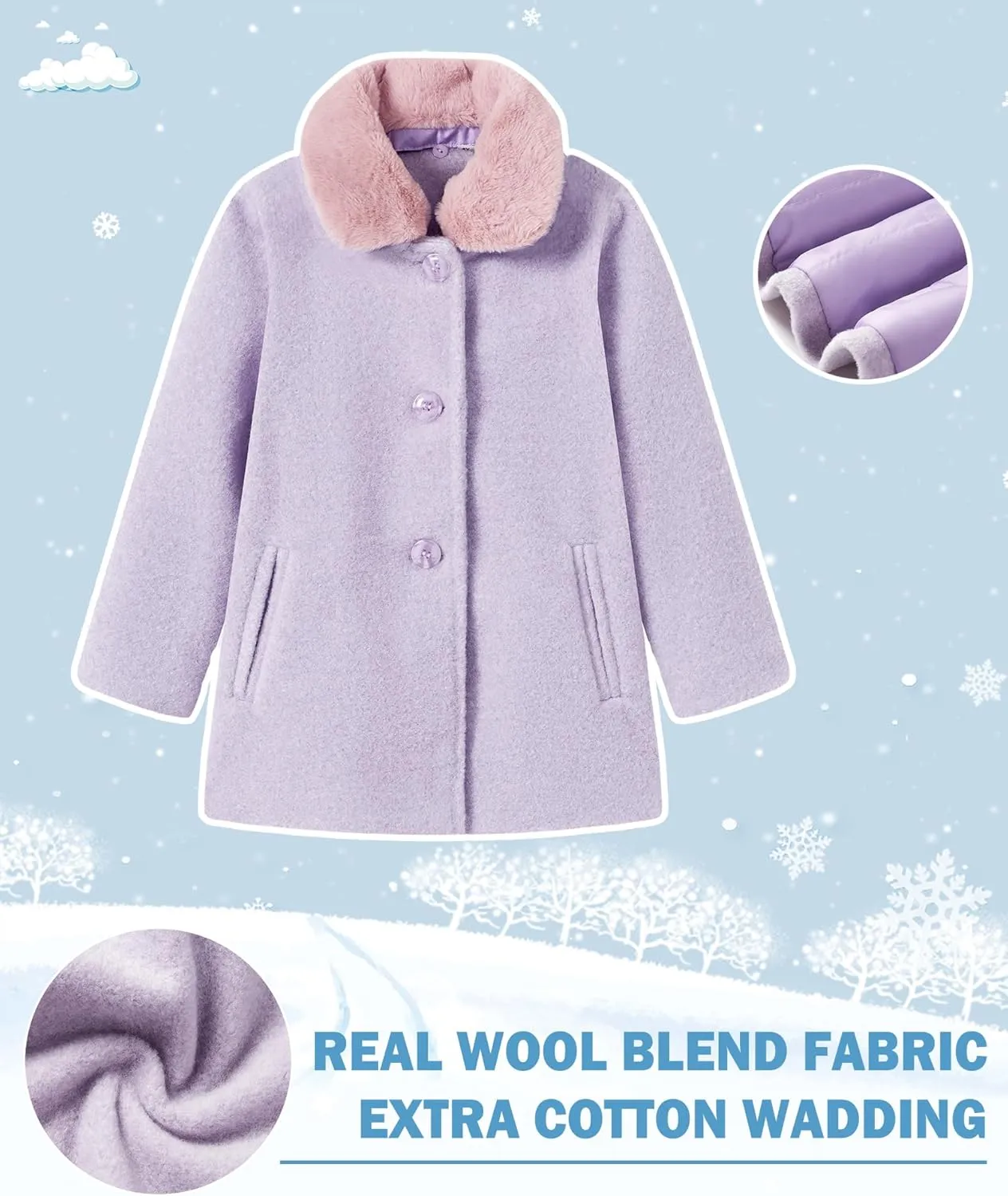 maoo garden Girls Winter Wool Peacoat Little Girls Fur Collar Dress Coat Quilted Jacket