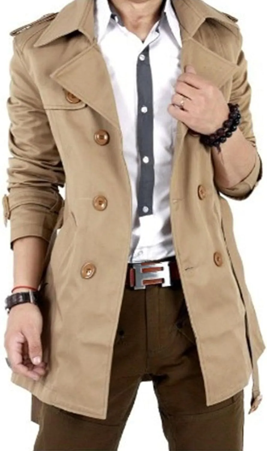 Men Classic Wool Length Jacket Double Breasted Slim Fit Trench Coat Mid Long Casual Business Peacoat