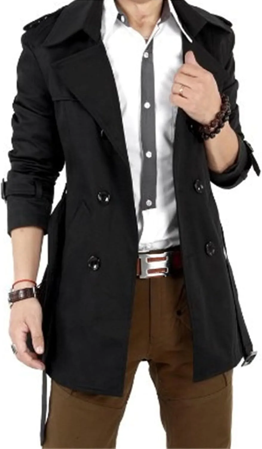 Men Classic Wool Length Jacket Double Breasted Slim Fit Trench Coat Mid Long Casual Business Peacoat