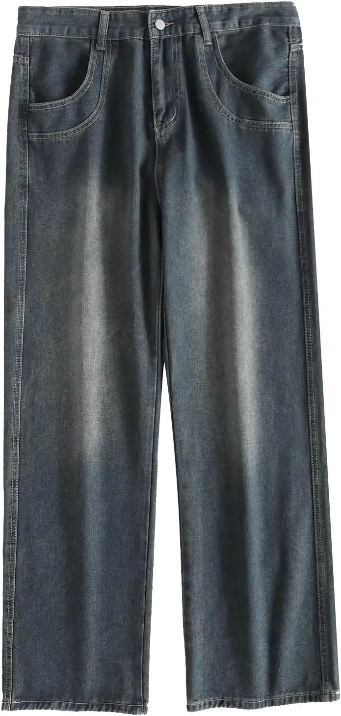Men Jeans Vintage Mid Rise Baggy Straight Leg Jeans, Casual Stretch Loose Fit Hip Hop Denim Pants Streetwear