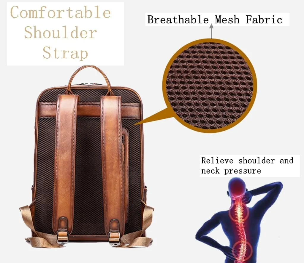 Men Leather Backpack Vintage Laptop Sling Backpack Water-resistant Sling Bag for Travel Business Zip Brown