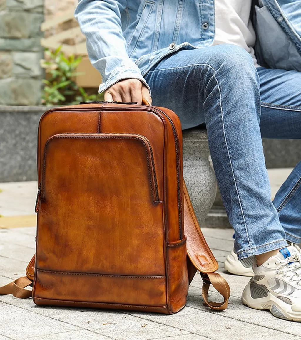 Men Leather Backpack Vintage Laptop Sling Backpack Water-resistant Sling Bag for Travel Business Zip Brown