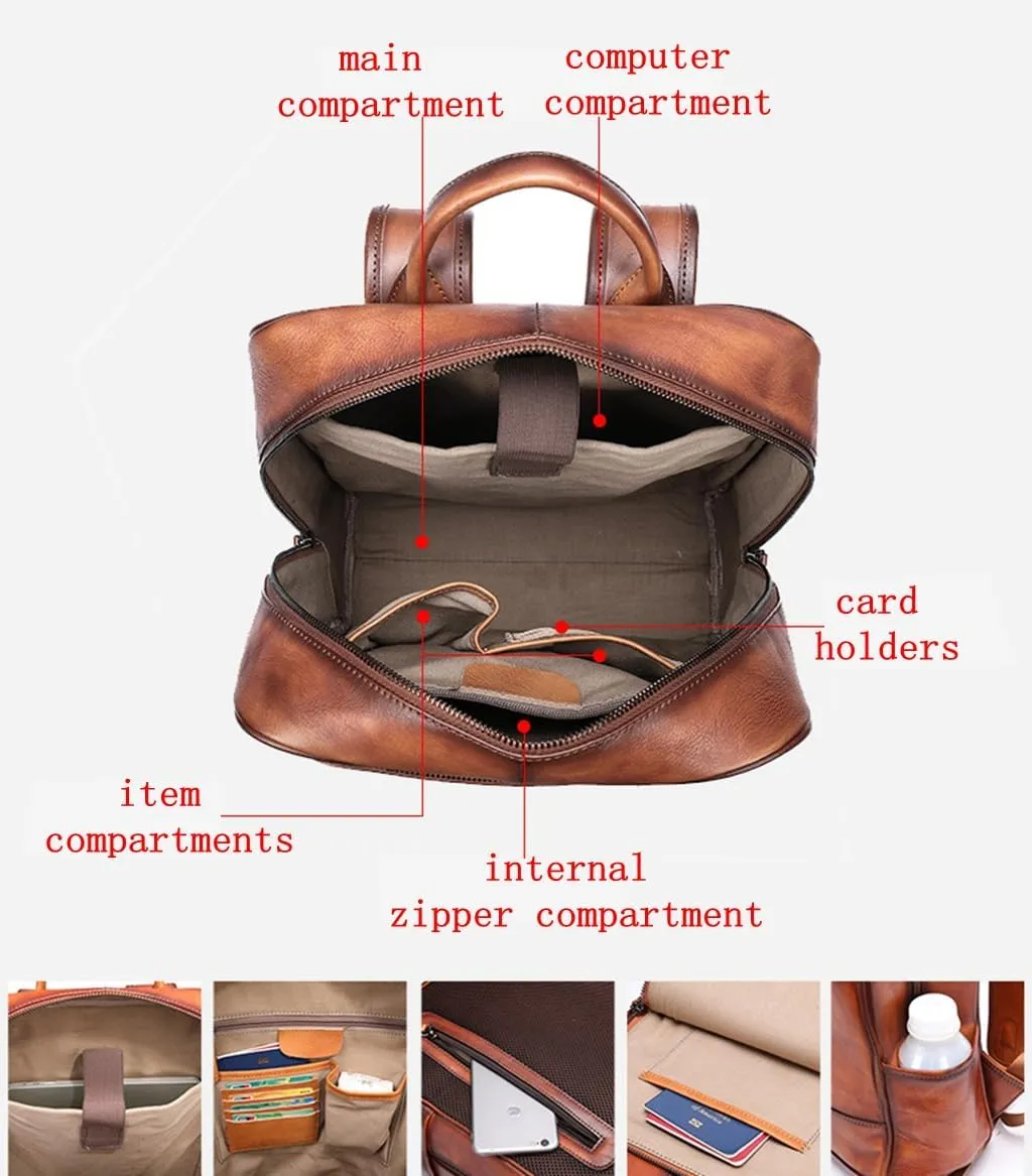 Men Leather Backpack Vintage Laptop Sling Backpack Water-resistant Sling Bag for Travel Business Zip Brown