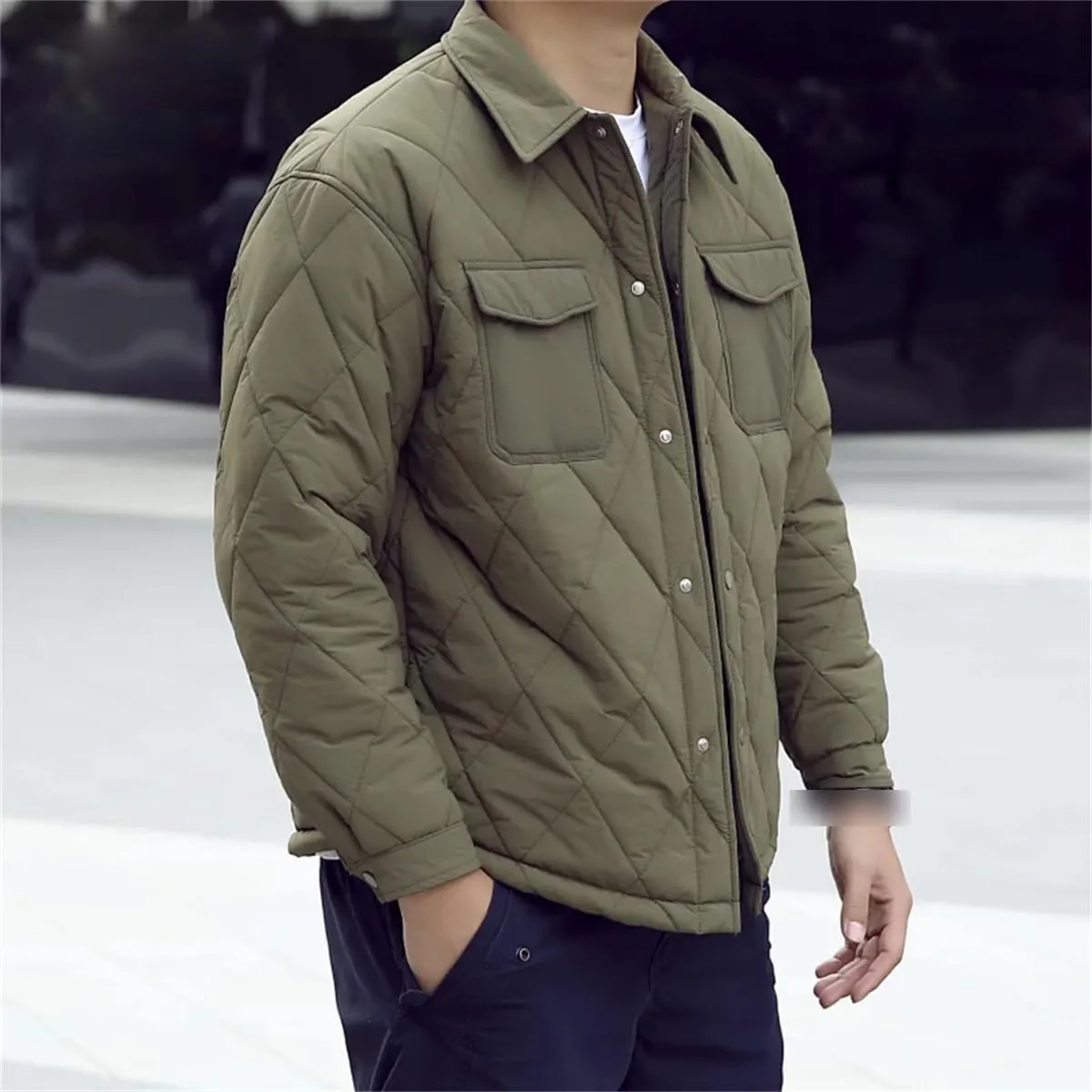 Men Winter Quilted Loose Lapel Button Up Padded Coat Unisex Casual Warm Shirt Cotton Parkas