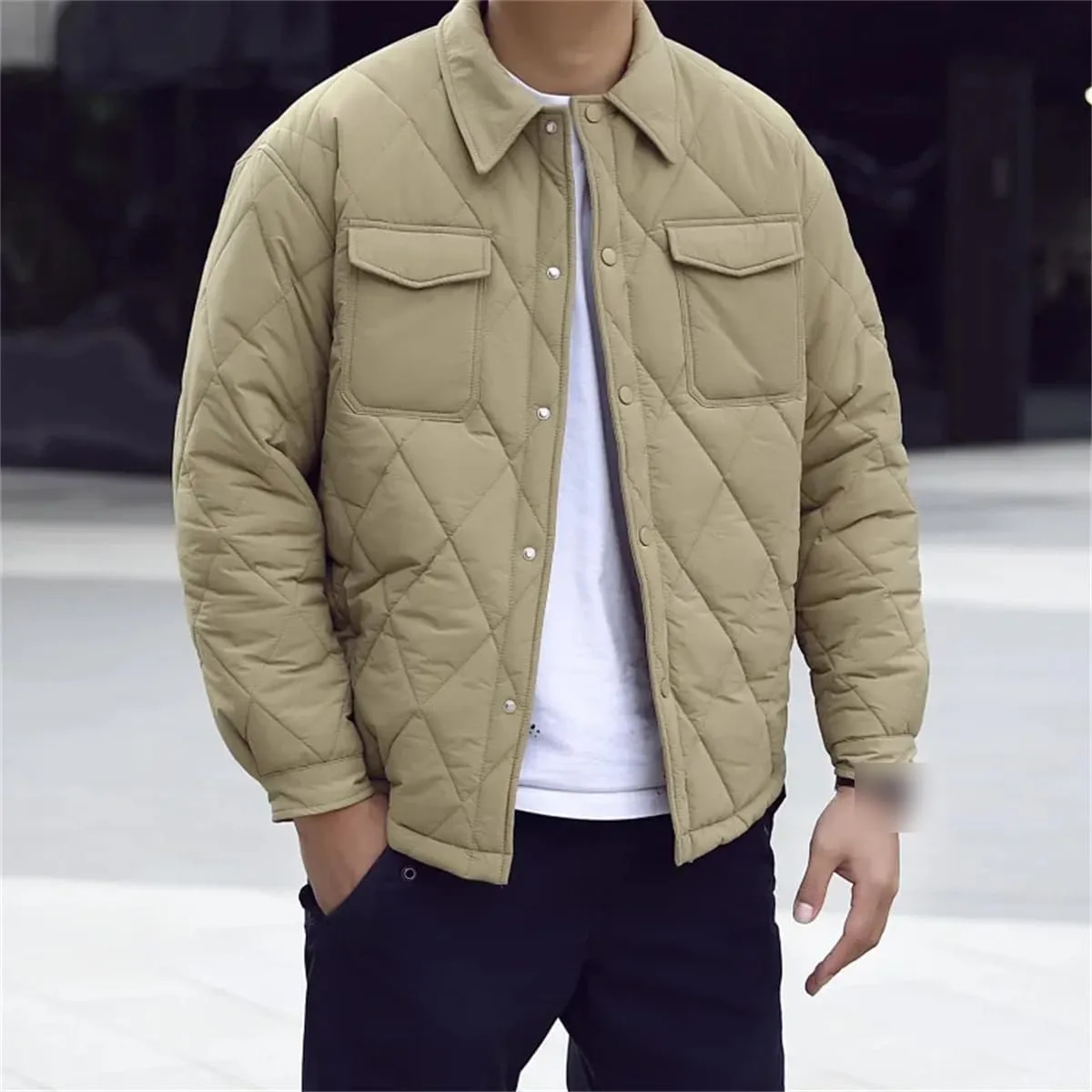 Men Winter Quilted Loose Lapel Button Up Padded Coat Unisex Casual Warm Shirt Cotton Parkas