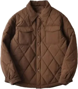 Men Winter Quilted Loose Lapel Button Up Padded Coat Unisex Casual Warm Shirt Cotton Parkas