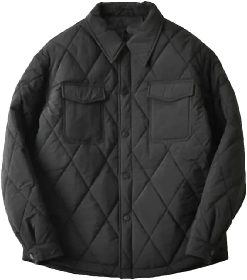 Men Winter Quilted Loose Lapel Button Up Padded Coat Unisex Casual Warm Shirt Cotton Parkas