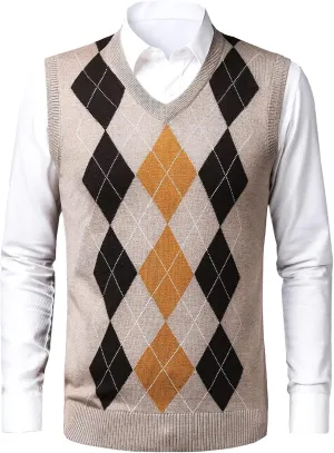 Mens Argyle Sweater Vests V-Neck Sleeveless Pullover Classic Business Knitwear Wool Cardigan Autumn Winter Vest