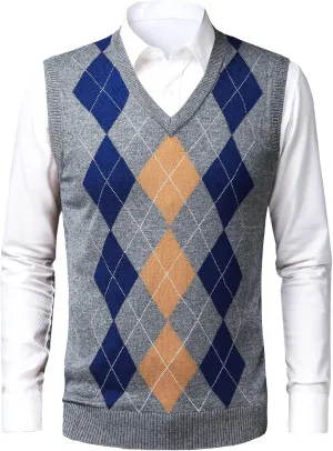 Mens Argyle Sweater Vests V-Neck Sleeveless Pullover Classic Business Knitwear Wool Cardigan Autumn Winter Vest