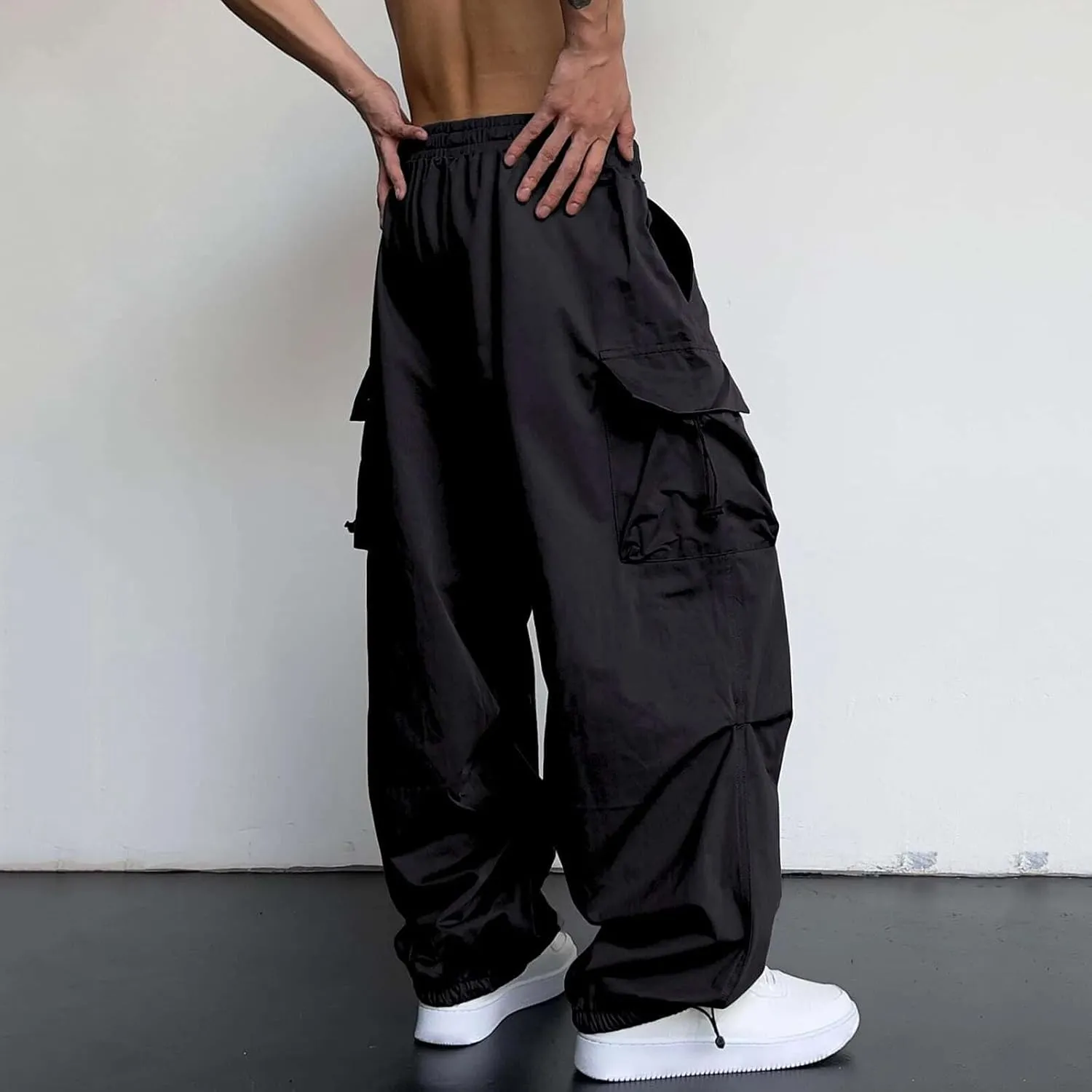 Mens Baggy Cargo Pants, Trendy Casual Sports Parachute Pant, Loose Fit Harem Joggers with Pockets for Streetwear