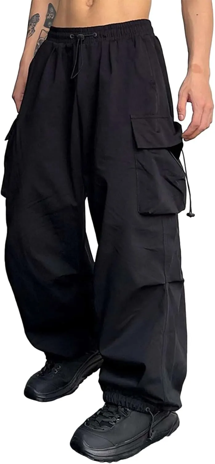 Mens Baggy Cargo Pants, Trendy Casual Sports Parachute Pant, Loose Fit Harem Joggers with Pockets for Streetwear