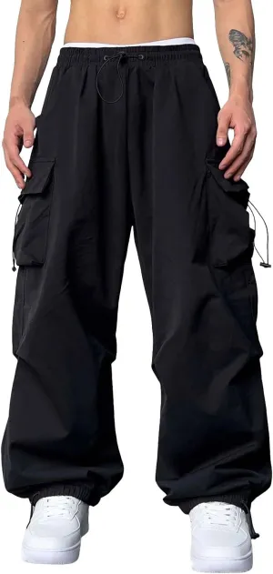 Mens Baggy Cargo Pants, Trendy Casual Sports Parachute Pant, Loose Fit Harem Joggers with Pockets for Streetwear