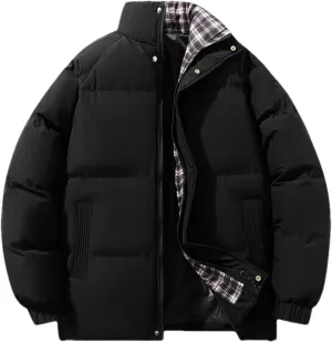 Men's Button Standing Collar Thick Cotton-Padded Vintage Warm Zipper Patchwork Parka Coat