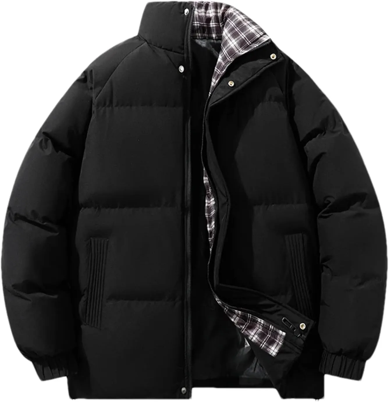 Men's Button Standing Collar Thick Cotton-Padded Vintage Warm Zipper Patchwork Parka Coat