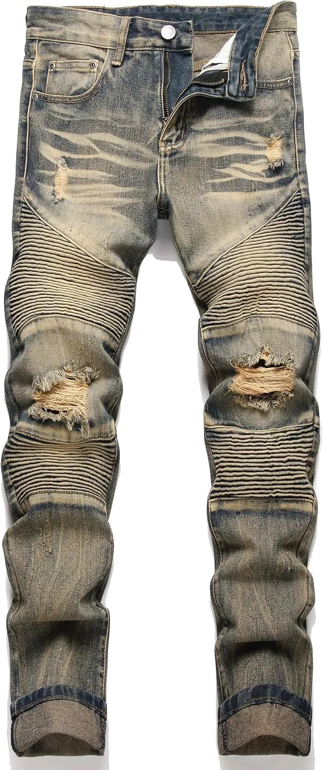 Men's Distressed Ripped Slim Fit Denim Jeans Pants