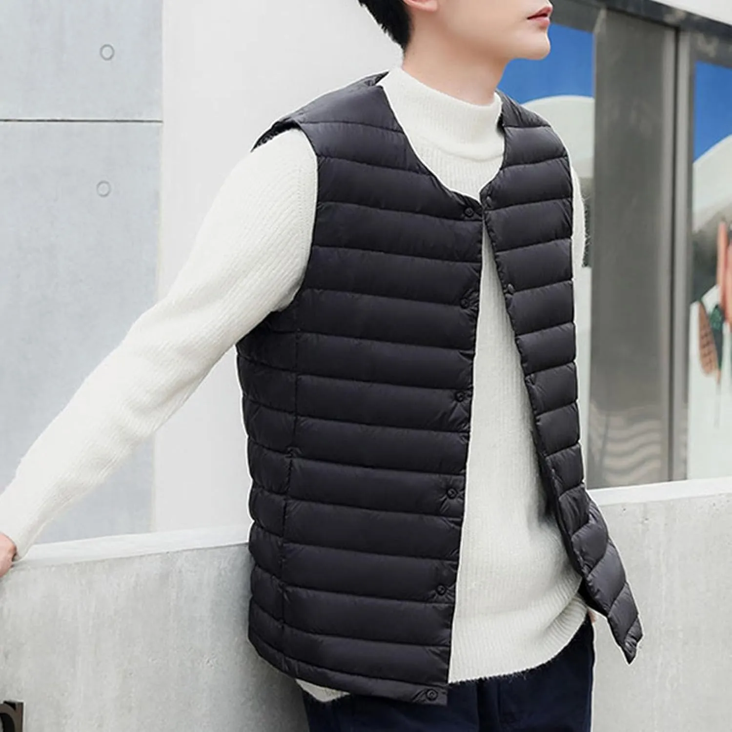 Men's Down Vest Male Collarless Lightweight Puffer Vest Man Winter Warm Quilted Sleeveless Jacket
