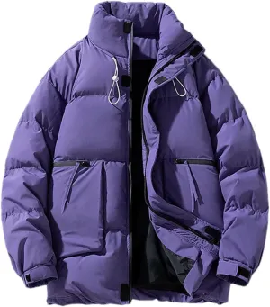 Men's Drawstring Stand Collar Solid Cotton-Padded Vintage Thick Warm Big Pocket Parka Coat
