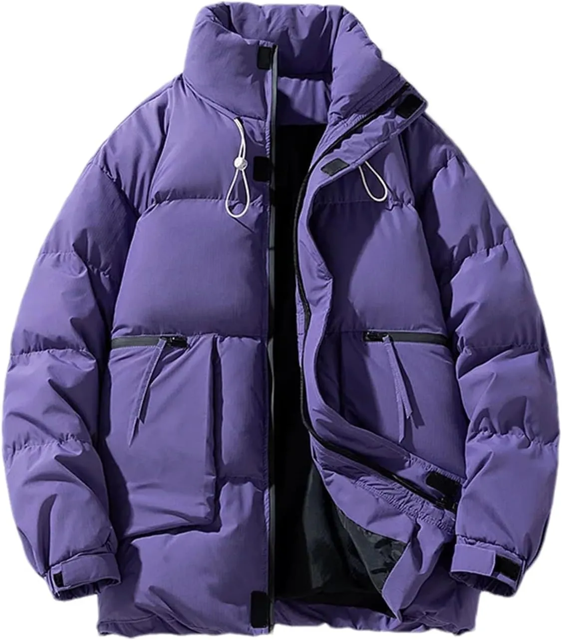 Men's Drawstring Stand Collar Solid Cotton-Padded Vintage Thick Warm Big Pocket Parka Coat