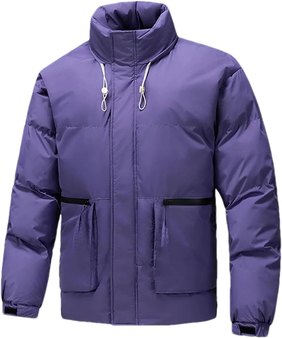 Men's Drawstring Stand-Up Solid Cotton-Padded Vintage Zipper Pockets Parka Coat