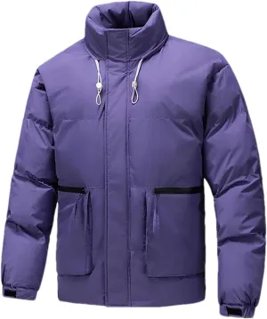 Men's Drawstring Stand-Up Solid Cotton-Padded Vintage Zipper Pockets Parka Coat
